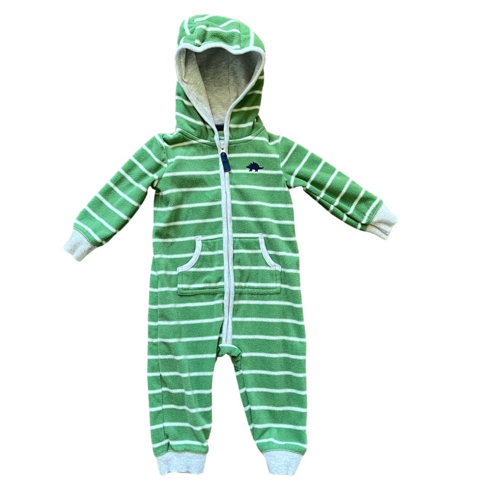 Carter's Green and White Striped Fleece Hooded Full Zip Jumpsuit, Size 9 Months